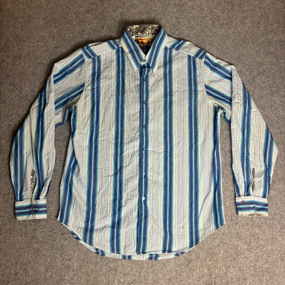 Robert Graham Button Down Mens Large Blue Striped Good Classic Fit Dobby Cotton